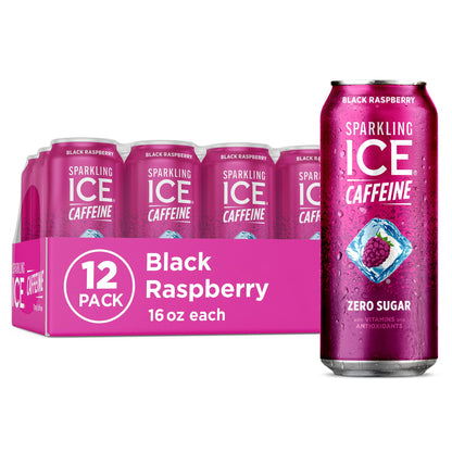 Sparkling Ice Caffeine Black Raspberry Sparkling Water for Mindful Sipping, Low Calorie Wellness Drink with B Vitamins