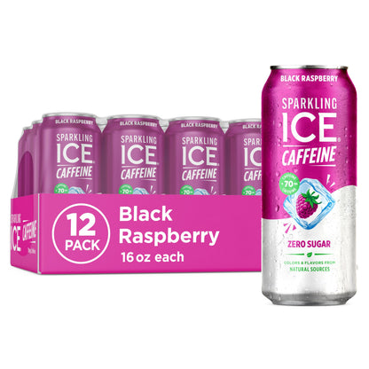 Sparkling Ice Caffeine Black Raspberry Sparkling Water for Mindful Sipping, Low Calorie Wellness Drink with B Vitamins