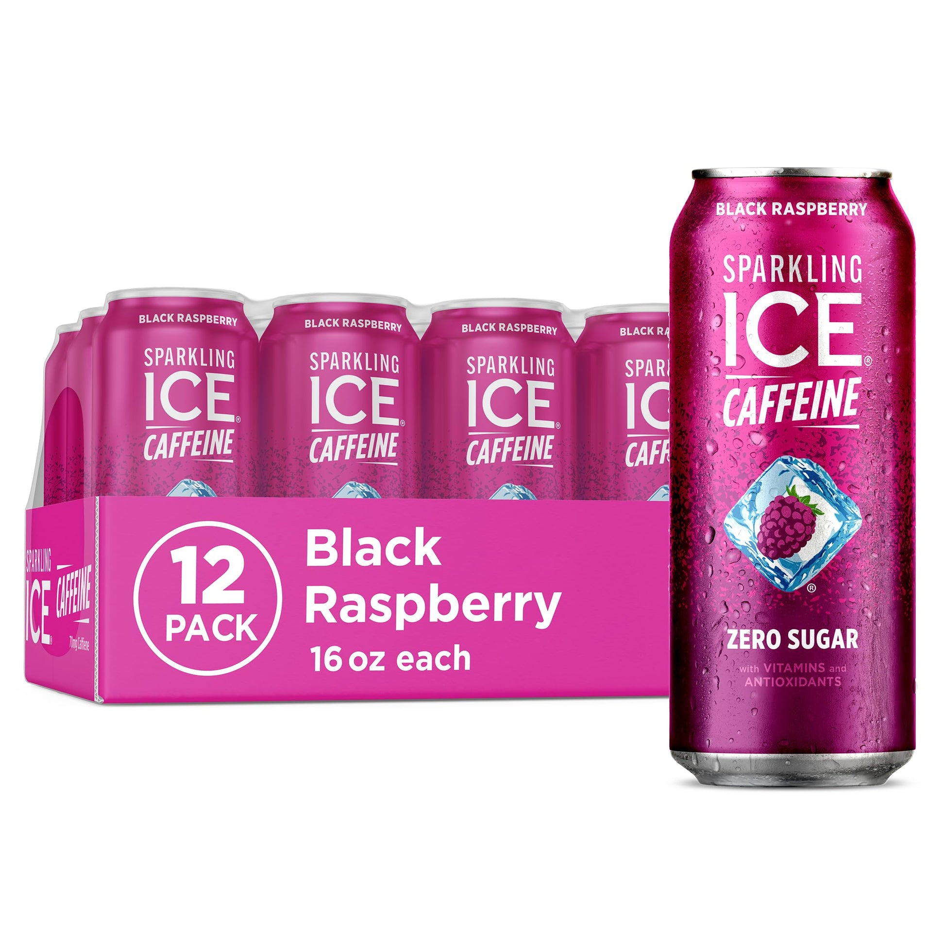 Sparkling Ice Caffeine Black Raspberry Sparkling Water for Mindful Sipping, Low Calorie Wellness Drink with B Vitamins
