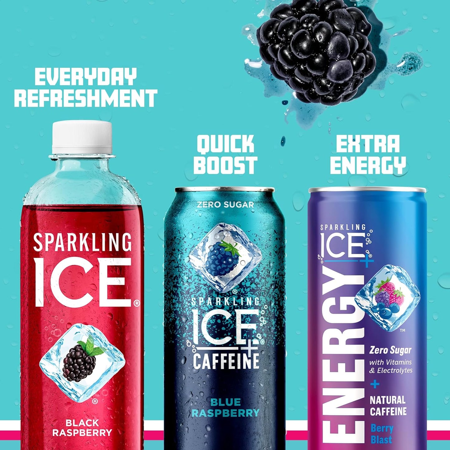 Sparkling Ice Caffeine Black Raspberry Sparkling Water for Mindful Sipping, Low Calorie Wellness Drink with B Vitamins