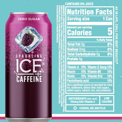 Sparkling Ice Caffeine Black Raspberry Sparkling Water for Mindful Sipping, Low Calorie Wellness Drink with B Vitamins