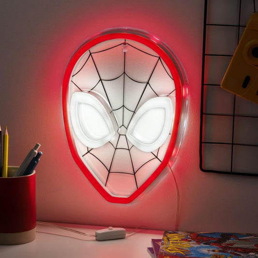 spider-man mask-shaped led neon silhouette with red glow