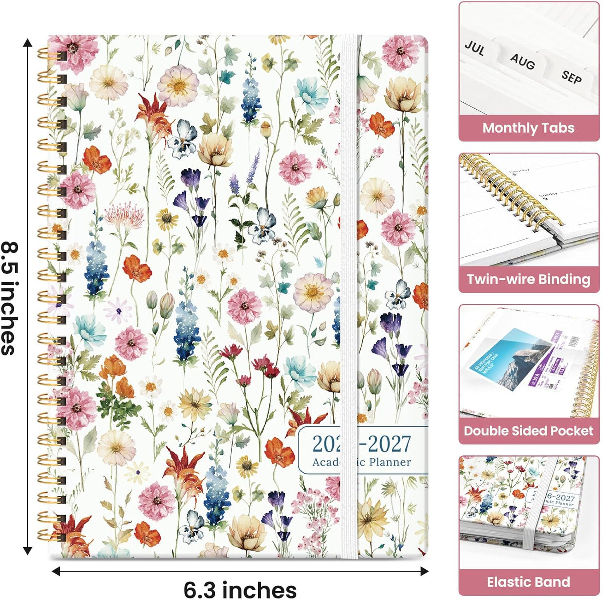 spiral-bound hardcover construction with elastic closure and double-sided storage pocket