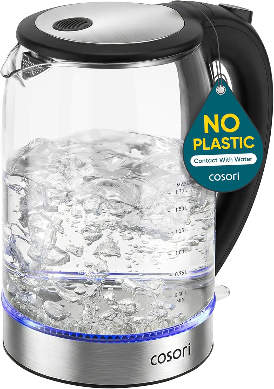 stainless steel interior and bpa-free borosilicate glass body with zero plastic water contact