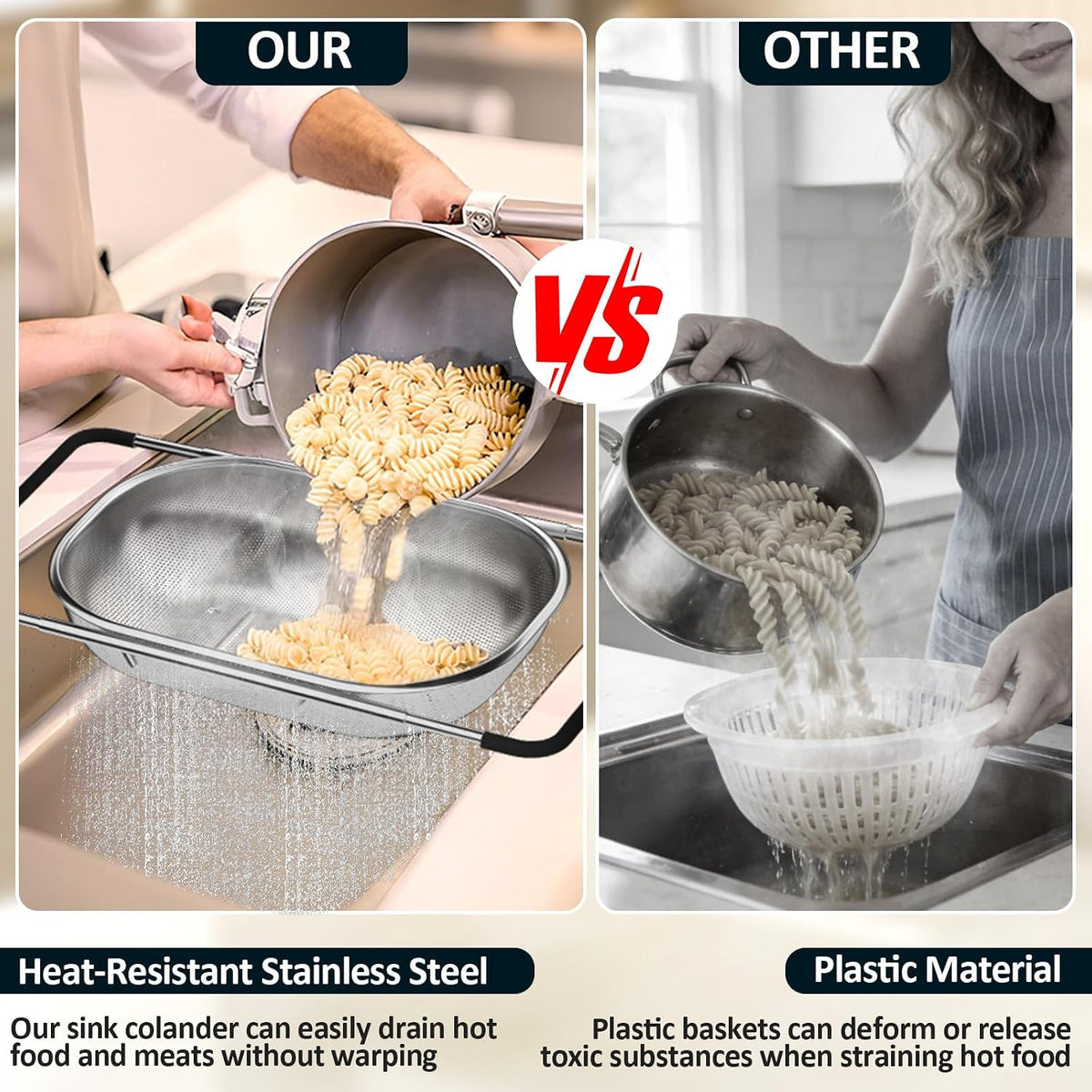 stand legs that allow the colander to rest upright on countertops for produce storage or drying