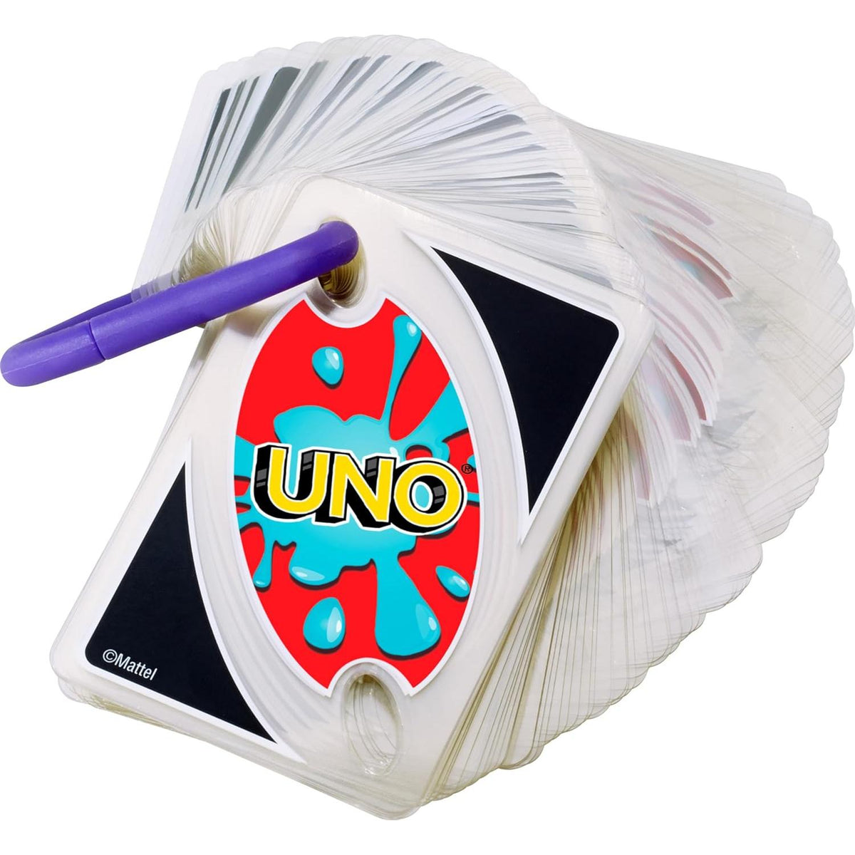standard 108-card uno deck with matching colors/numbers and action cards (skip, reverse, draw two, wild)
