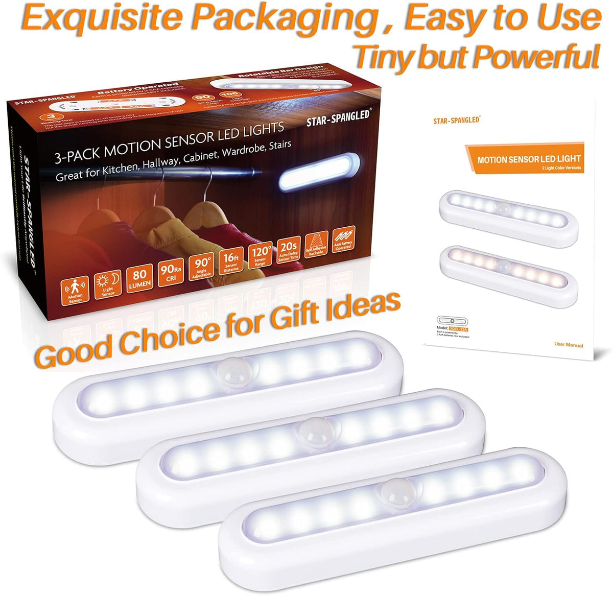 STAR-SPANGLED 7” Stick on LED Light Battery Powered – Motion Sensor Warm Light for Cozy Bedroom, Closet, and Under Cabinet Ambiance