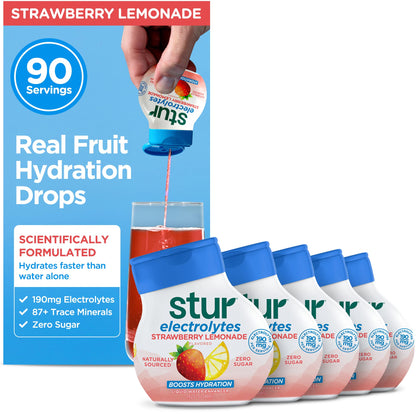 Stur Electrolyte Water Enhancer | Sweetened with Stevia | High in Antioxidant Vitamin C | Sugar Free | Zero Calories | Keto | Vegan | 5 Bottles, Makes 90 Drinks (Strawberry Lemonade)