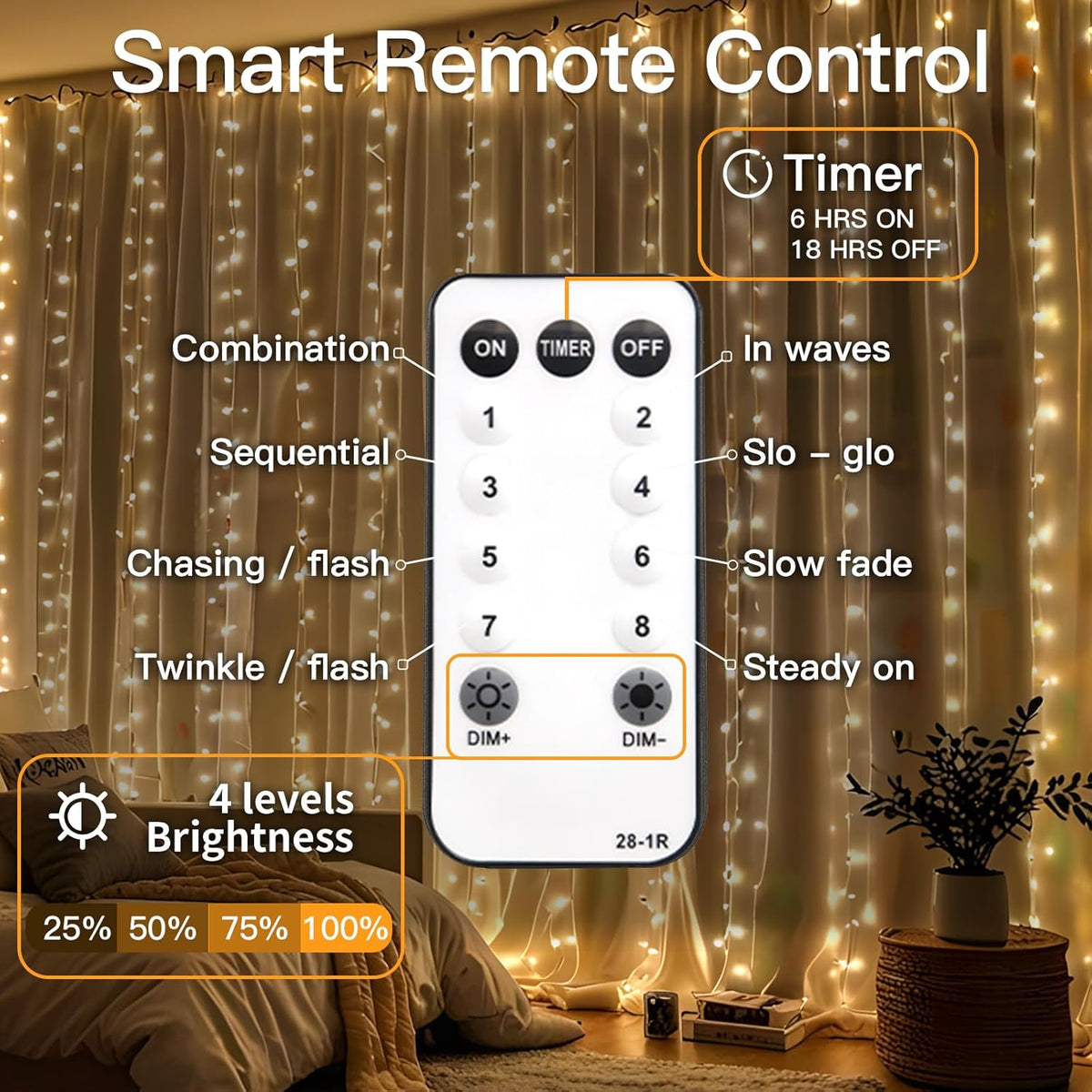 suddus Fairy Curtain Lights Indoor – 9.8x9.8ft Warm White 300 LED Hanging String Lights with Remote Dimming, Ideal Living Room and Bedroom Decor
