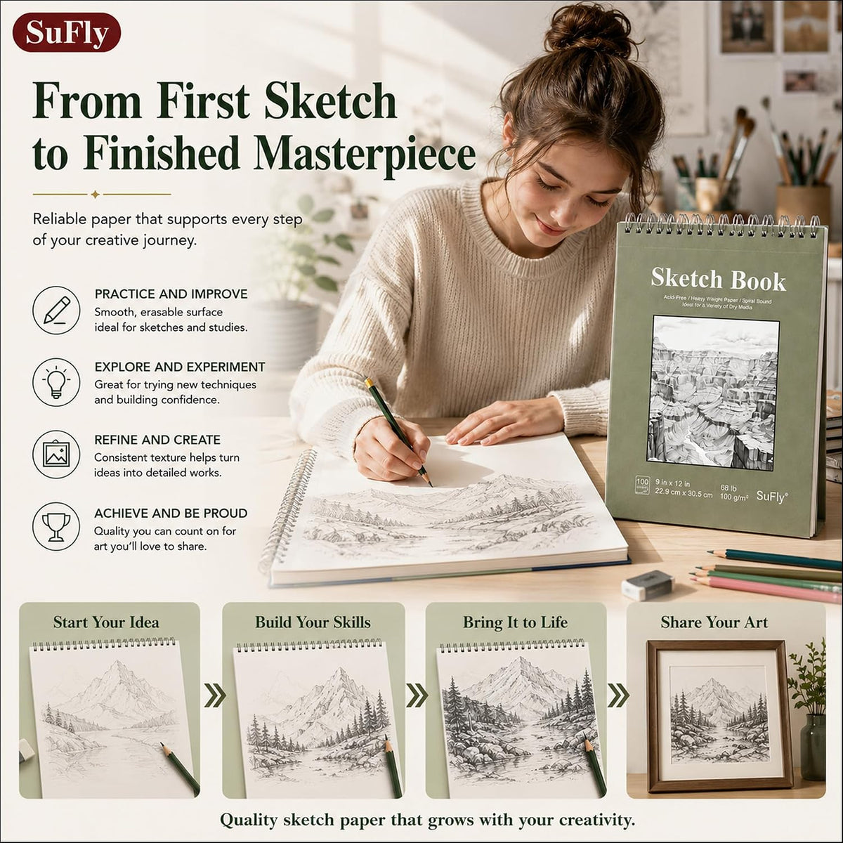 SuFly 9x12 Drawing Sketch Book, Meaningful Holiday Gift for Art Students and Beginners
