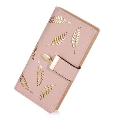 Sweet Cute Chocolate Women&amp;#39;s Long Leaf Bifold Wallet Leather Card Holder Purse Zipper Buckle Elegant Clutch Wallet Handbag for Women - Pink