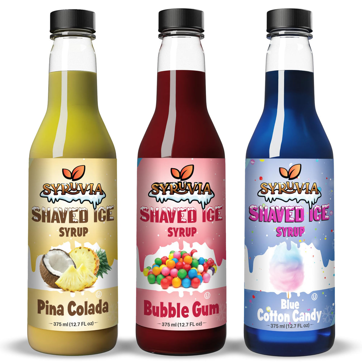 Syruvia Snow Cone Syrup 12.7oz - Blue Cotton Candy &amp;amp; Bubble Gum &amp;amp; Pina Colada Syrup For Shaved Ice, Snow Cones, Slushies, Italian Soda, Popsicles. Kosher, Dairy-Free.