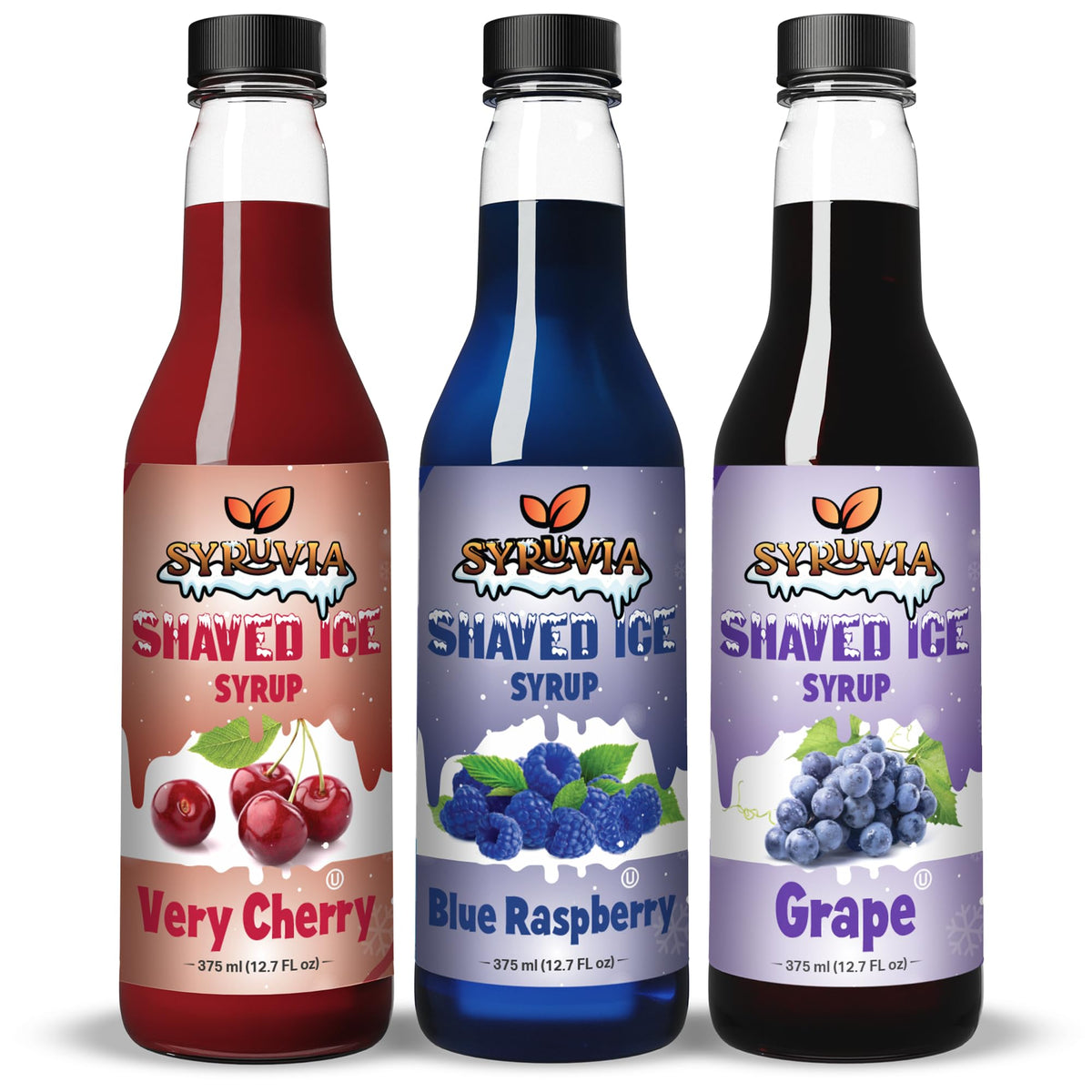 Syruvia Snow Cone Syrup 12.7oz - Blue Raspberry &amp;amp; Cherry &amp;amp; Grape Syrup For Shaved Ice, Snow Cones, Slushies, Italian soda, Popsicles. Kosher, Dairy-Free.