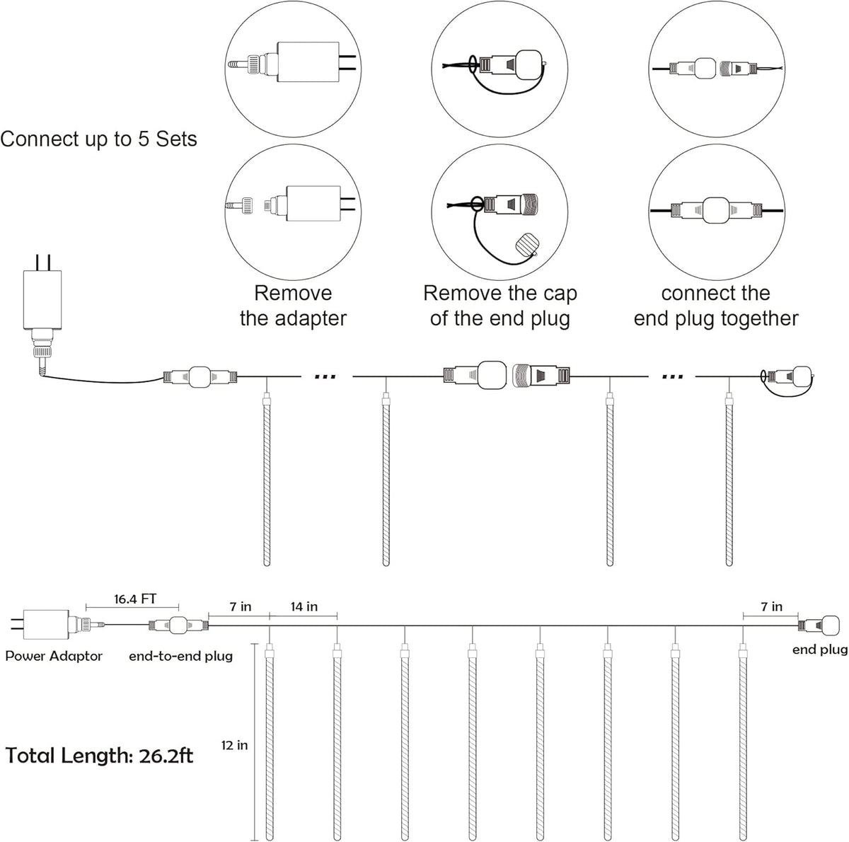 tail plug allows end-to-end linking of up to 5 sets powered by a single outlet