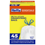 Hefty Essentials Drawstring 30 Gallon Trash Bags – Heavy-Duty Black Bags for Backyard BBQs, Patio Parties, and Camping Cleanups, 56 Count, Scent Free