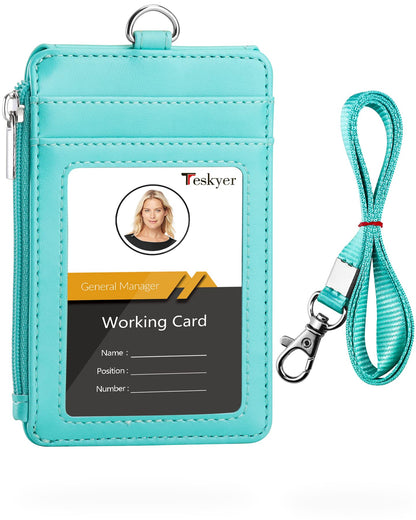 Teskyer Badge Holder with Side Zip Pocket, Multiple Card Slots Leather ID Holder Wallet with Neck Lanyard for Office Staffs, Teachers/Students, Couriers, Workers, Cyan