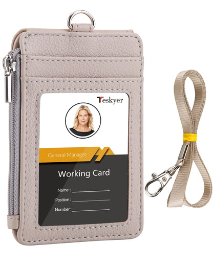 Teskyer Badge Holder with Side Zip Pocket, Multiple Card Slots Leather ID Holder Wallet with Neck Lanyard for Office Staffs, Teachers/Students, Workers, Cruise Cards, Bus/Metro Cards, Lichee Beige