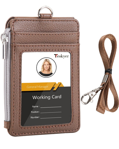 Teskyer Badge Holder with Side Zip Pocket, Multiple Card Slots Leather ID Holder Wallet with Neck Lanyard for Office Staffs, Teachers/Students, Workers, Cruise Cards, Bus/Metro Cards, Lichee Coffee
