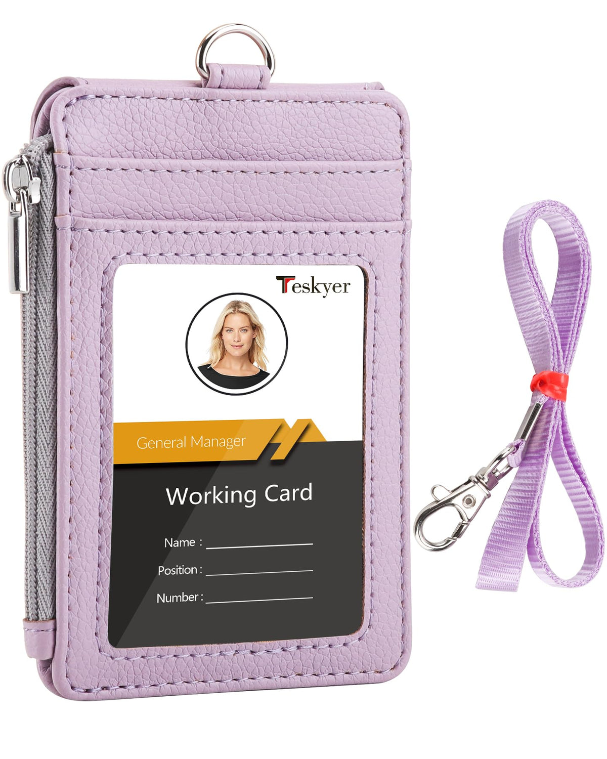 Teskyer Badge Holder with Side Zip Pocket, Multiple Card Slots Leather ID Holder Wallet with Neck Lanyard for Office Staffs, Teachers/Students, Workers, Cruise Cards, Bus/Metro Cards, Lichee Lilac