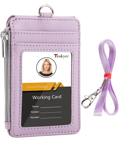 Teskyer Badge Holder with Side Zip Pocket, Multiple Card Slots Leather ID Holder Wallet with Neck Lanyard for Office Staffs, Teachers/Students, Workers, Cruise Cards, Bus/Metro Cards, Lichee Lilac