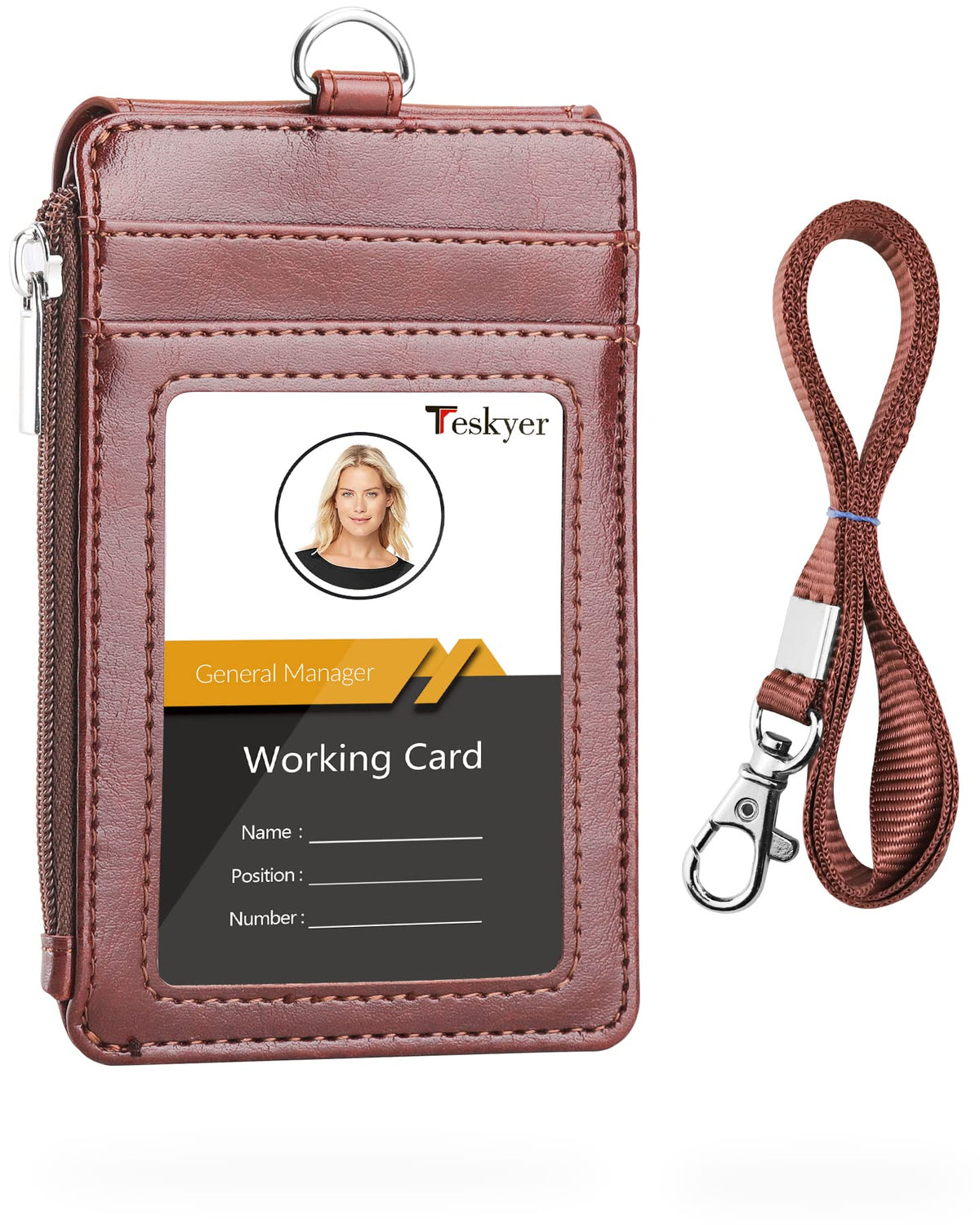 Teskyer Badge Holder with Side Zip Pocket, Multiple Card Slots Leather ID Holder Wallet with Neck Lanyard for Office Staffs, Teachers/Students, Couriers, Workers, Brown