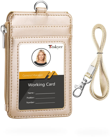 Teskyer Badge Holder with Side Zip Pocket, Multiple Card Slots Leather ID Holder Wallet with Neck Lanyard for Office Staffs, Teachers/Students, Couriers, Workers, Gold