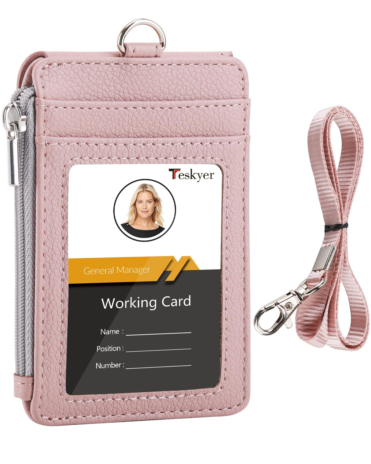 Teskyer Badge Holder with Side Zip Pocket, Multiple Card Slots Leather ID Holder Wallet with Neck Lanyard for Office Staffs, Teachers/Students, Workers, Cruise Cards, Bus/Metro Cards, Lichee Dark Pink