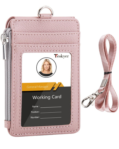 Teskyer Badge Holder with Side Zip Pocket, Multiple Card Slots Leather ID Holder Wallet with Neck Lanyard for Office Staffs, Teachers/Students, Workers, Cruise Cards, Bus/Metro Cards, Lichee Dark Pink