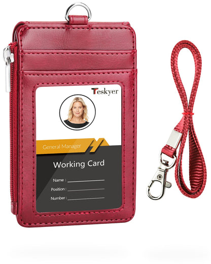 Teskyer Badge Holder with Side Zip Pocket, Multiple Card Slots Leather ID Holder Wallet with Neck Lanyard for Office Staffs, Teachers/Students, Couriers, Workers, Red