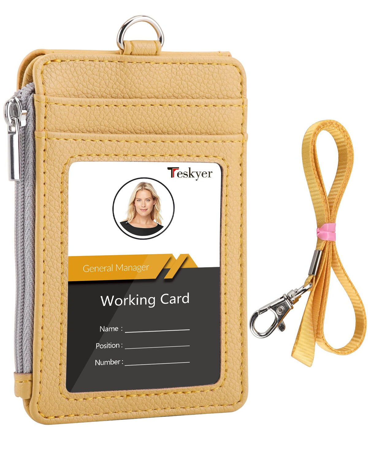 Teskyer Badge Holder with Side Zip Pocket, Multiple Card Slots Leather ID Holder Wallet with Neck Lanyard for Office Staffs, Teachers/Students, Workers, Cruise Cards, Bus/Metro Cards, Lichee Yellow