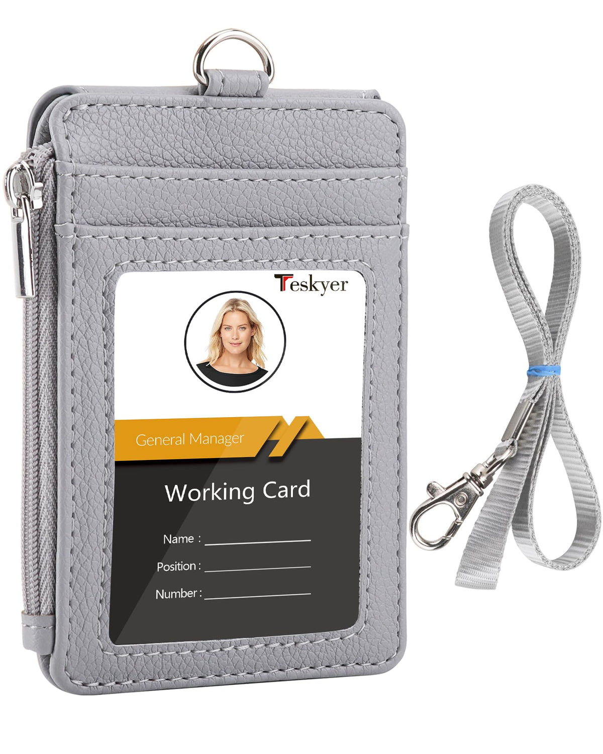 Teskyer Badge Holder with Side Zip Pocket, Multiple Card Slots Leather ID Holder Wallet with Neck Lanyard for Office Staffs, Teachers/Students, Workers, Cruise Cards, Bus/Metro Cards, Lichee Gray