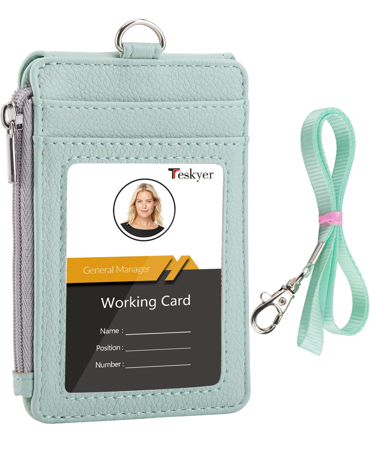 Teskyer Badge Holder with Side Zip Pocket, Multiple Card Slots Leather ID Holder Wallet with Neck Lanyard for Office, Teachers/Students, Workers, Cruise Cards, Metro Cards, Lichee Light Green