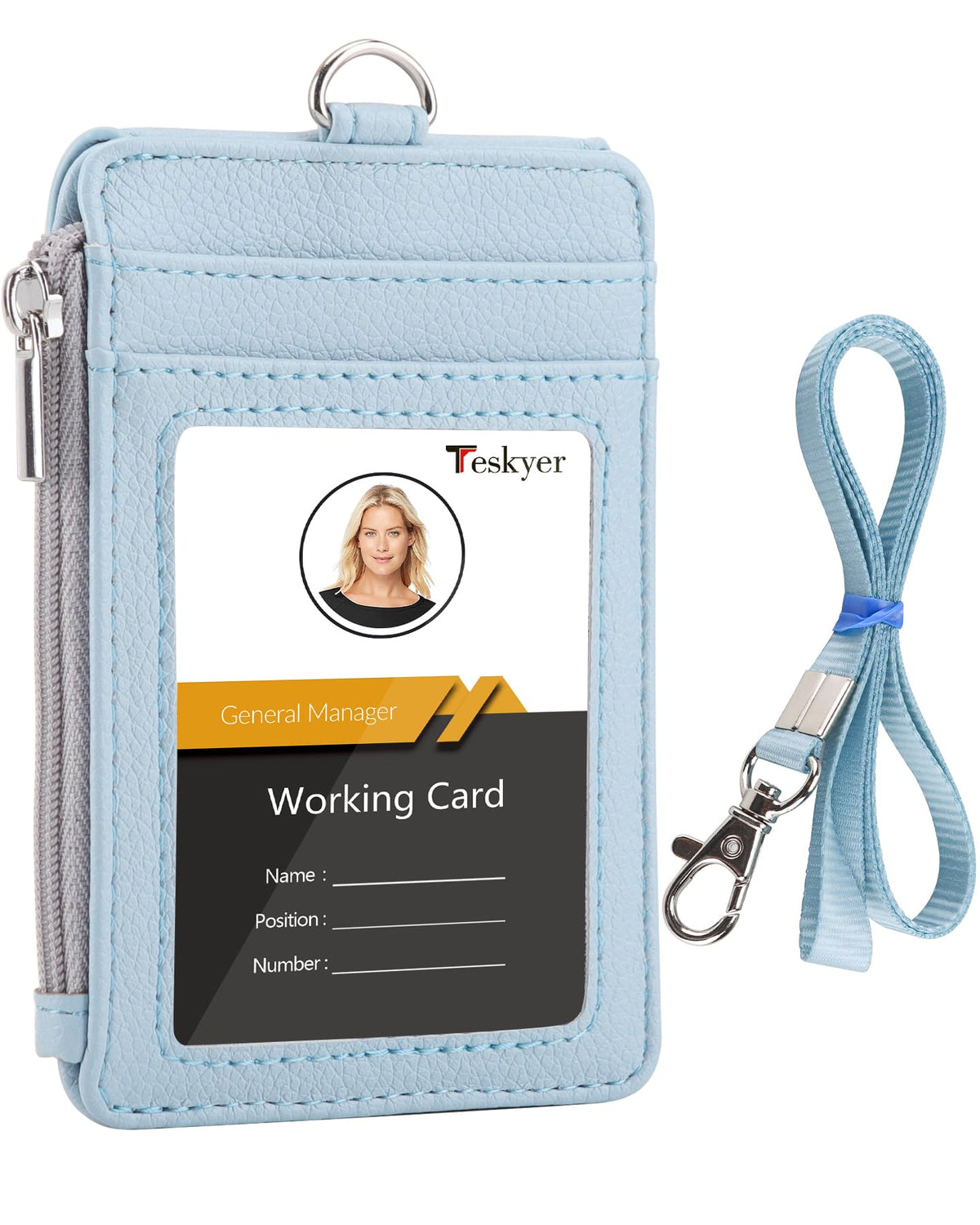 Teskyer Badge Holder with Side Zip Pocket, Multiple Card Slots Leather ID Holder Wallet with Neck Lanyard for Office Staffs, Teachers/Students, Workers, Cruise Cards, Bus/Metro Cards, Lichee Cyan