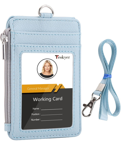 Teskyer Badge Holder with Side Zip Pocket, Multiple Card Slots Leather ID Holder Wallet with Neck Lanyard for Office Staffs, Teachers/Students, Workers, Cruise Cards, Bus/Metro Cards, Lichee Cyan