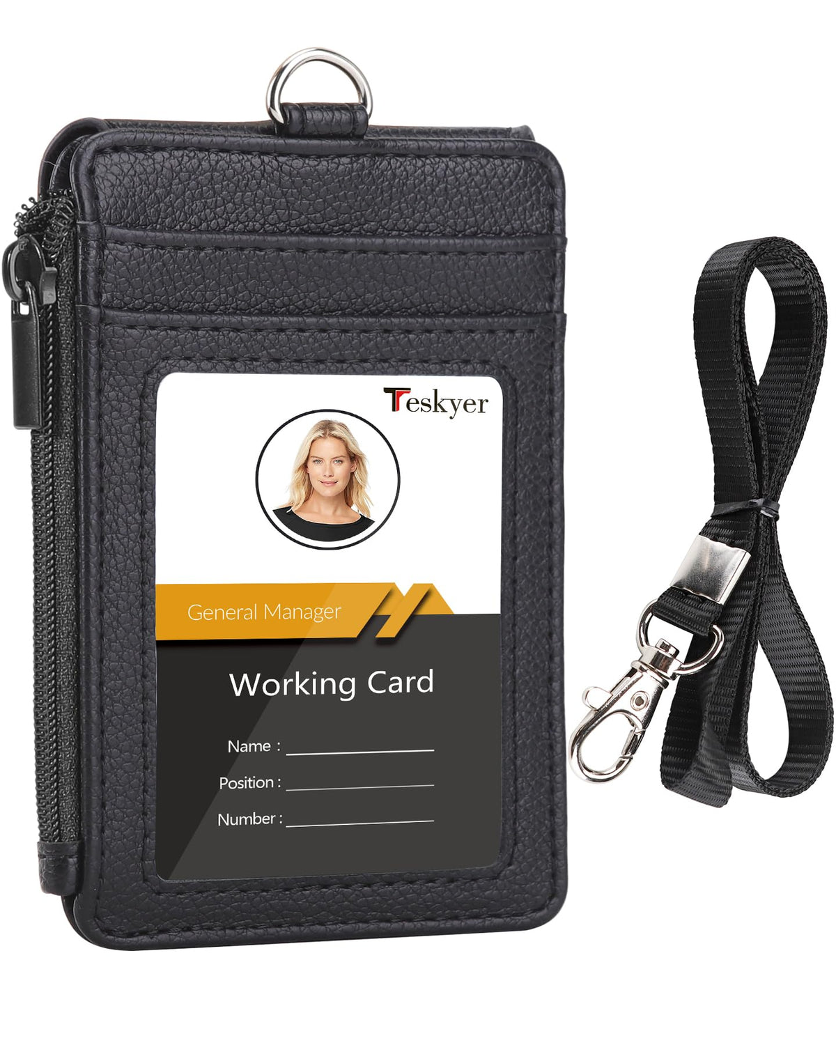 Teskyer Badge Holder with Side Zip Pocket, Multiple Card Slots Leather ID Holder Wallet with Neck Lanyard for Office Staffs, Teachers/Students, Workers, Cruise Cards, Bus/Metro Cards, Lichee Black