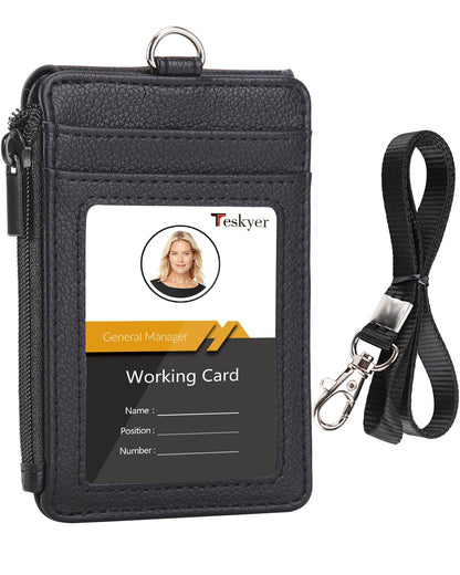Teskyer Badge Holder with Side Zip Pocket, Multiple Card Slots Leather ID Holder Wallet with Neck Lanyard for Office Staffs, Teachers/Students, Workers, Cruise Cards, Bus/Metro Cards, Lichee Black