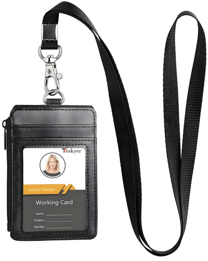 Teskyer ID Badge Holder with Lanyard, 1 Zip Pocket and 4 Card Slots, Lanyard ID Card Holder Wallet for Office School Work Badges, Cruise Ship Cards, Pass Cards - Black