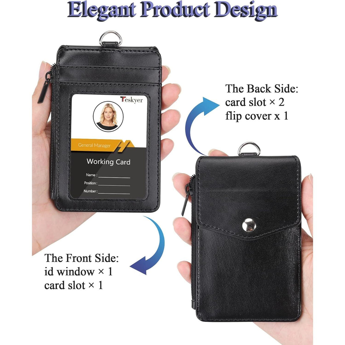 Teskyer Leather ID Badge Holder with Lanyard, Slim 5-Compartment Wallet Replacing Bulky Badge Clips