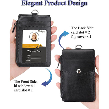 Teskyer Leather ID Badge Holder with Lanyard, Slim 5-Compartment Wallet Replacing Bulky Badge Clips