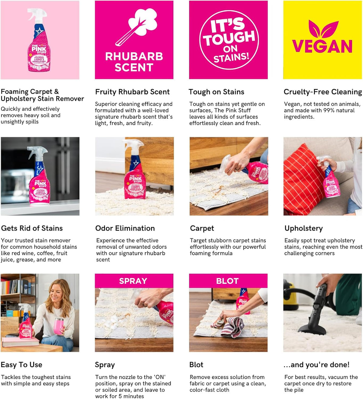 The Pink Stuff Miracle Foaming Carpet & Upholstery Stain Remover for Nursery Carpets, Color-Safe Baby-Friendly Spot Cleaner