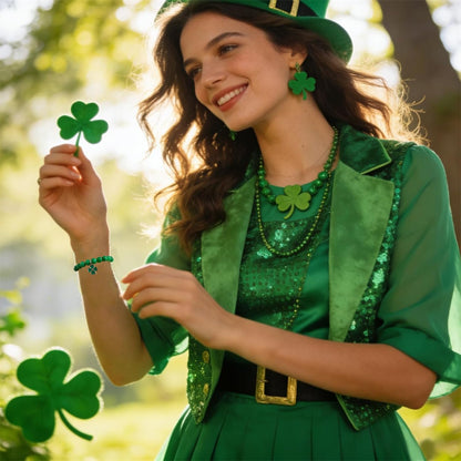 themed coordinate sets (green hat set, green four-leaf set) for matched styling