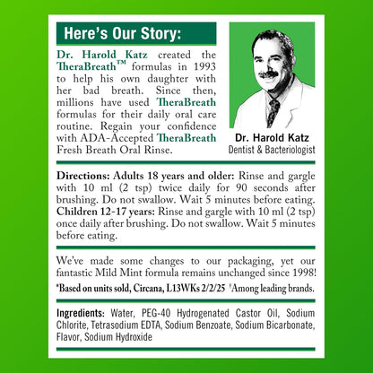 TheraBreath Alcohol-Free Mouthwash Safe for Sensitive Mouths and Family Use, Mild Mint 1 Liter