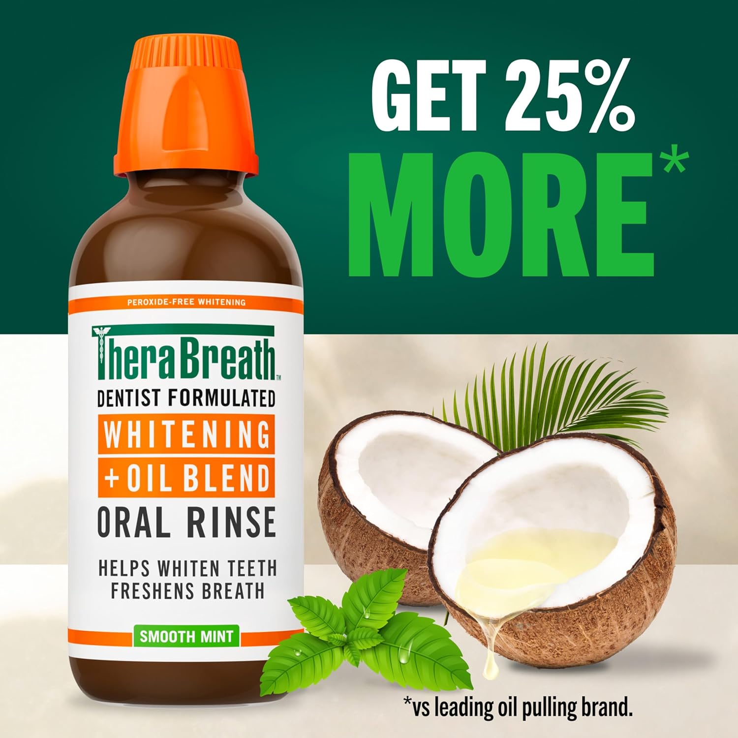 TheraBreath Whitening Oral Rinse – Streamlined Peroxide-Free Mouthwash for a Clean, Uncluttered Bathroom Counter, Smooth Mint 16 Fl Oz