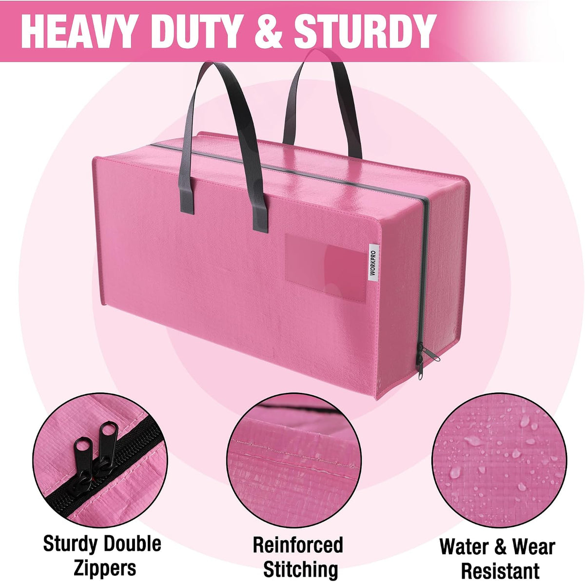 thick water-resistant polyethylene construction with reinforced stitching and double zippers