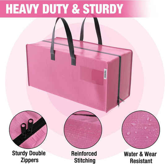 thick water-resistant polyethylene construction with reinforced stitching and double zippers