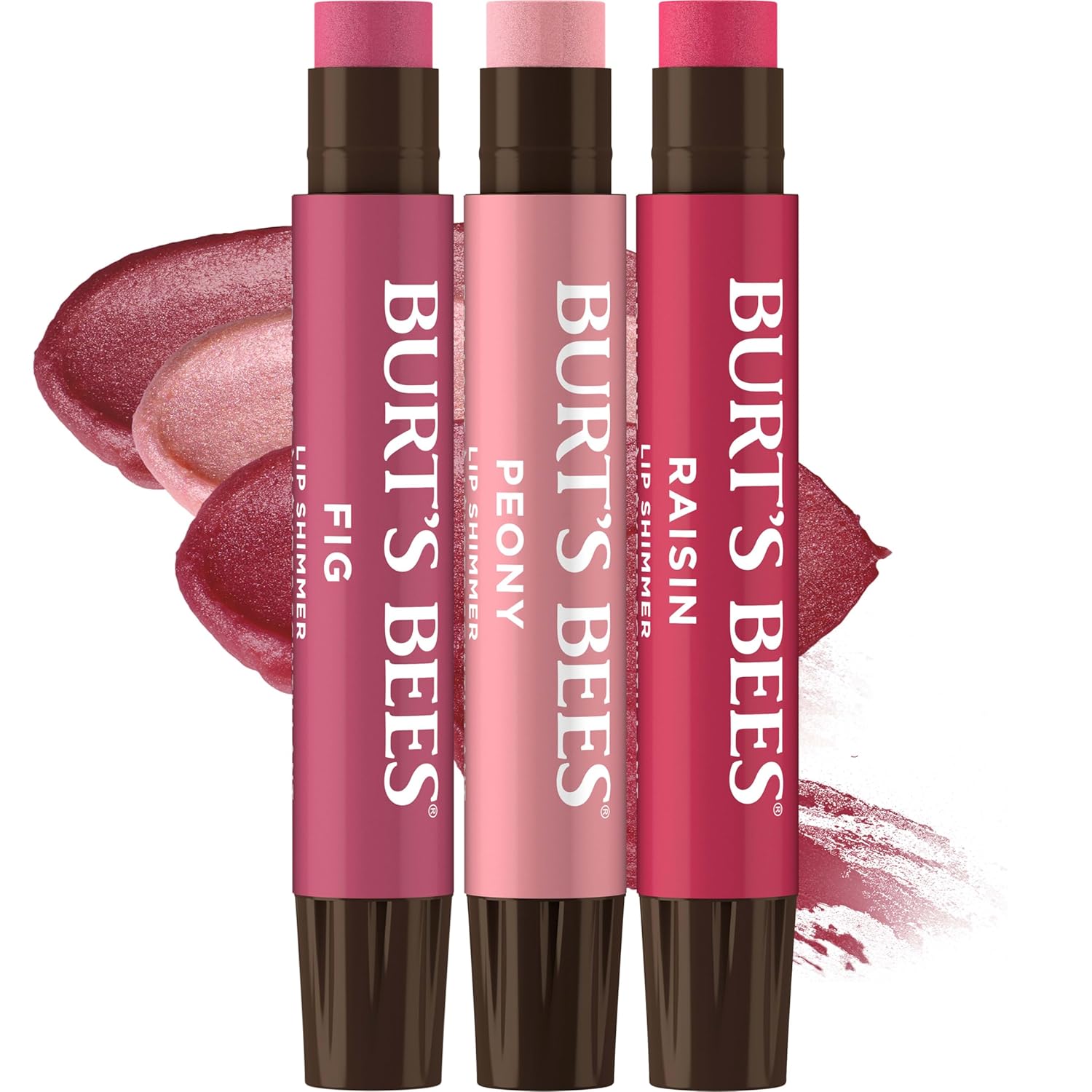 three 0.09 oz tinted lip shimmer sticks available in nude or pink collection variants