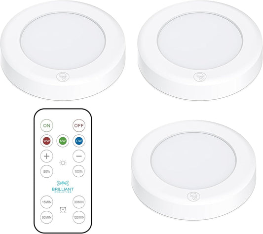 three 55-lumen led pucks emitting 3000k soft warm white light