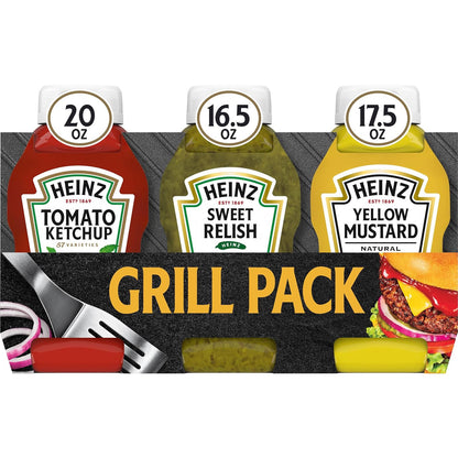 three-bottle variety pack: 20 oz tomato ketchup, 16.5 fl oz sweet relish, 17.5 oz yellow mustard