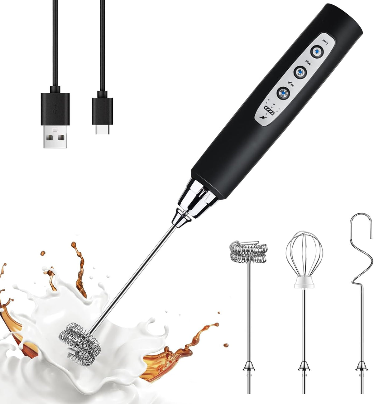three detachable stainless steel whisking heads: hook stirrer, spring frother, and balloon mixer