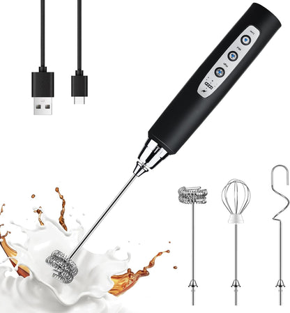 three detachable stainless steel whisking heads: hook stirrer, spring frother, and balloon mixer